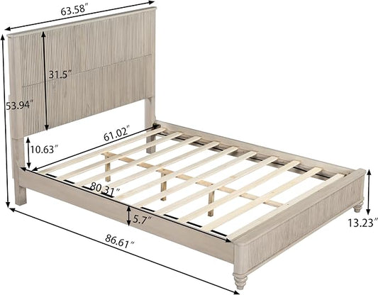 3-Pieces Bedroom Sets, Queen Size Platform Bed with 2 Nightstands, Solid Wood Platform Bed Frame with Tall Headboard and Classic American Turned Legs (Beige-5.25, Queen)