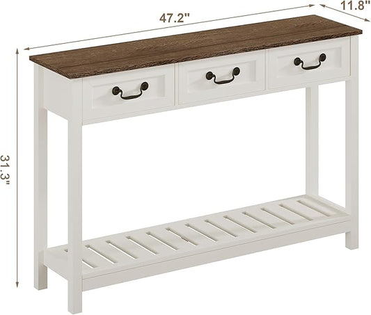 ChooChoo 47" Farmhouse Console Table with 3 Drawers, Rustic Entryway Table, Narrow Long Sofa Table for Living Room, Hallway, Behind Couch, Soft White and Brown