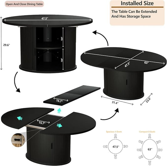 Dining Table for 4-6, 63“Extendable Round Dining Room Kitchen Table with 2-Tier Storage Shelf, Fluted Wood Table with Slide Door, Expandable Wood Oval Dinner Furniture with Pedestal Base (Black)