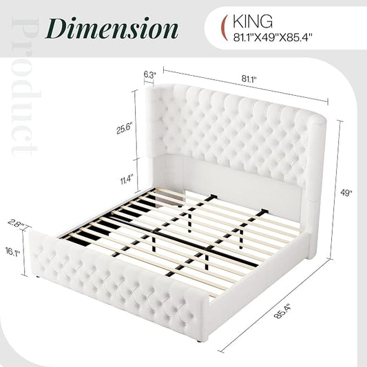 Jocisland King Size Upholstered Bed Frame with 6.3-Inch Curved Wingback Headboard, Tufted Footboard, Wood Slats, No Box Spring Needed, White Linen