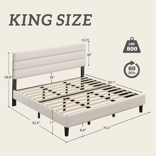 Fluest King Size Bed Frame, Platform Bed Frame with Velvet Upholstered Headboard, No Box Spring Needed, Sturdy Metal Support, Noise Free, Easy Assembly, Beige
