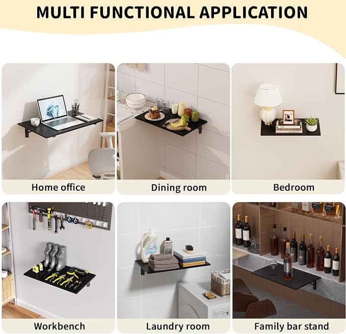 GOYLSER Wall Mounted Desk Folding Table Laundry Fold Table, Fold Down Work Bench, Foldable Mount Station for Floating Bar, Office, Dining Room, Kitchen, Black, 35" x 20.5"