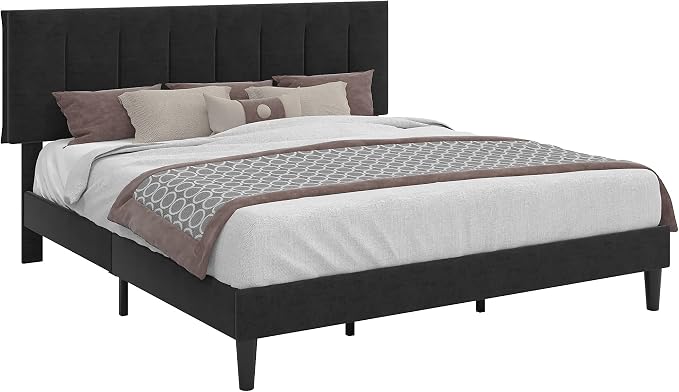 VECELO King Size Bed Frame with Upholstered Headboard, Heavy-Duty Bedframe with Strong Wooden Slats Support, No Boxing Spring Needed, Velvet & Black
