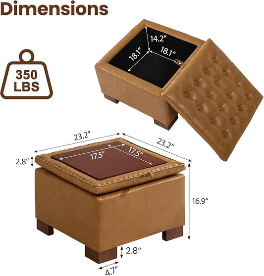 24 Inch Square Storage Ottoman Coffee Table, Modern Tufted Upholstered Ottoman with Flip Tray and Solid Wood Legs, Suitable for Living Rooms, Faux Leather Brown