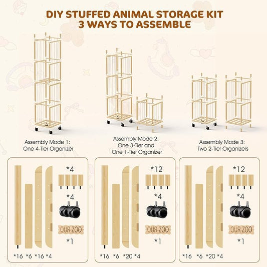 DIY Stuffed Animal Storage Kit, Adjustable 1–4 Tier Stuffed Animal Organizer with Wheels, Large Plushies Storage for Playroom, Bedroom & Nursery, Designed for Growing Toy Collections