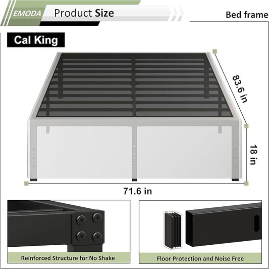 EMODA 18 Inch California King Bed Frames with White Cover, Heavy Duty Metal Cal King Platform Bed Frame No Box Spring Needed, Noise Free