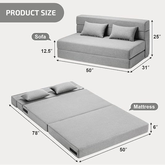 SUYOLS Folding Sofa Bed with Pillows- Convertible Chair Floor Couch & Sleeping Mattress, Foldable Memory Foam Sleeper for Living Room/Dorm/Guest Room/Home Office/Apartment/Loft, Full, Light Gray