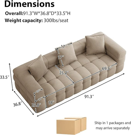 91.3" Boneless Couch,Comfy Cloud Sectional Sofa with Deep Seat,Modern Upholstered Chenille Love Seat Sofa, Oversized Couches for Living Room, No Assembly Required Tufted Sofas, Light Brown