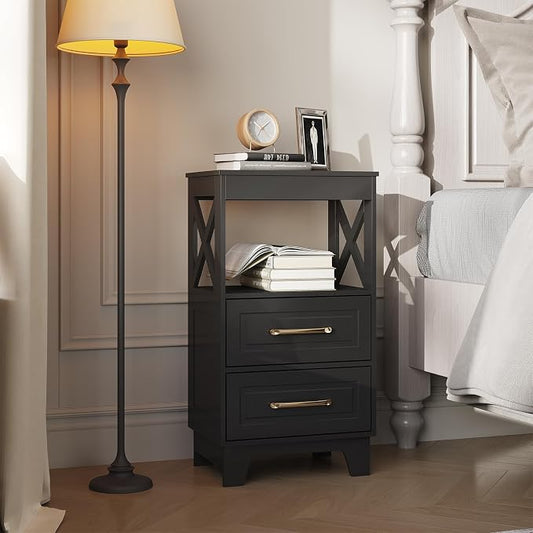 Tall Nightstand Set of 2 Side Table with 2 Drawers Modern Night Stand Wooden End Table Bedside Table with Upper Open Shelf Solid Feet for Bedroom Black