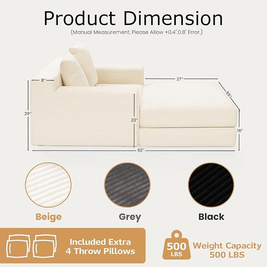 cidludto Convertible Futon Sofa Bed with Ottoman, 5 in 1 Folding Couch Bed Loveseat, Corduroy Boneless Couch with Deep Seat for Living Room Chaise Lounge Chair Indoor, No Assembly Required, Beige