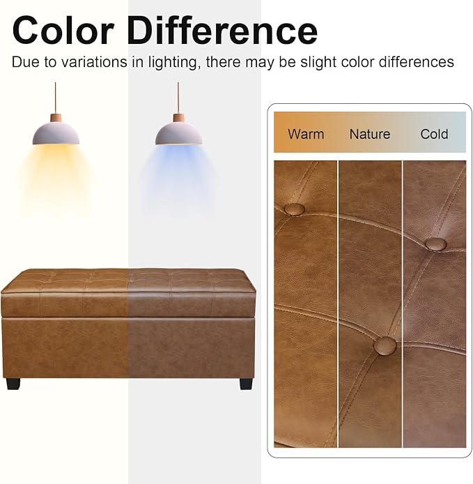 Asense 40" Storage Ottoman Bench, Faux Leather Tufted Upholstered End of Bed Bench with Safety Hinge for Bedroom,Entryway,Living Room,Caramel Brown