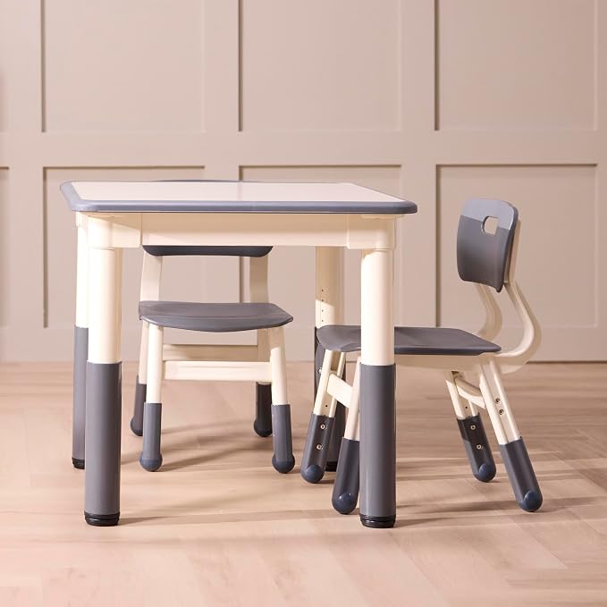 Back2School Express Dry-Erase Activity Table and Chairs Set for Toddlers, Adjustable Height Kids Desk, Preschool Learning Furniture, Grey, 3-Piece