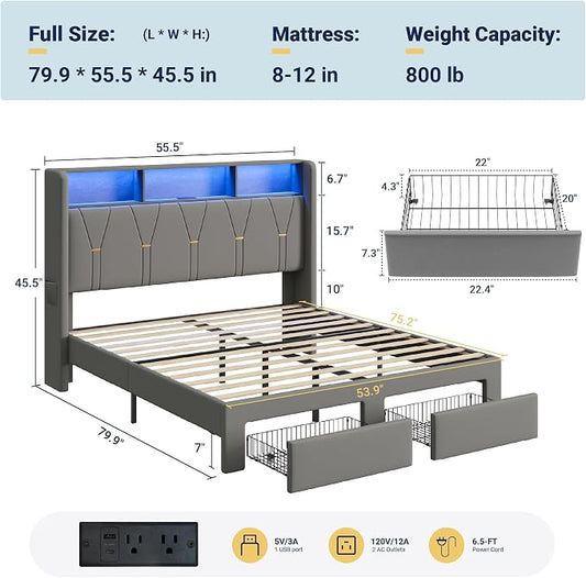 Allewie Full Bed Frame with 2-Tier Storage Headboard, Charging Station & LED Lights, Velvet Upholstered Platform Bed with 2 Drawers, Wingback Headboard, Gold Button Tufted, No Box Spring Needed, Grey