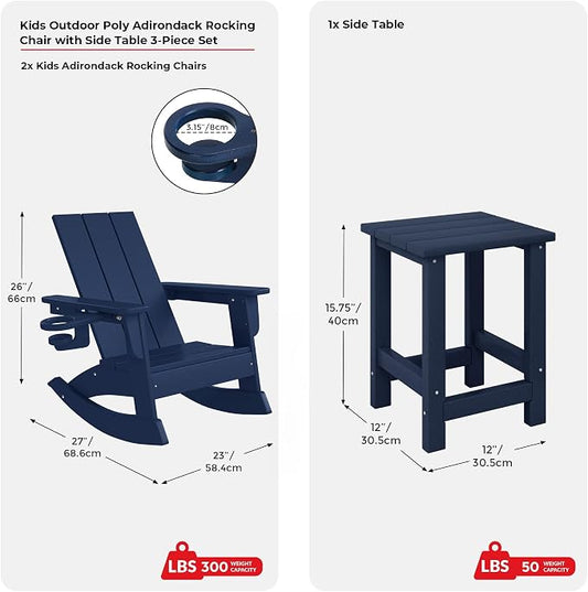 Costaelm Palms 3-Piece Kids Table and Chairs Set with Modern Toddler Rocking Chairs and Cup Holders, Navy Blue