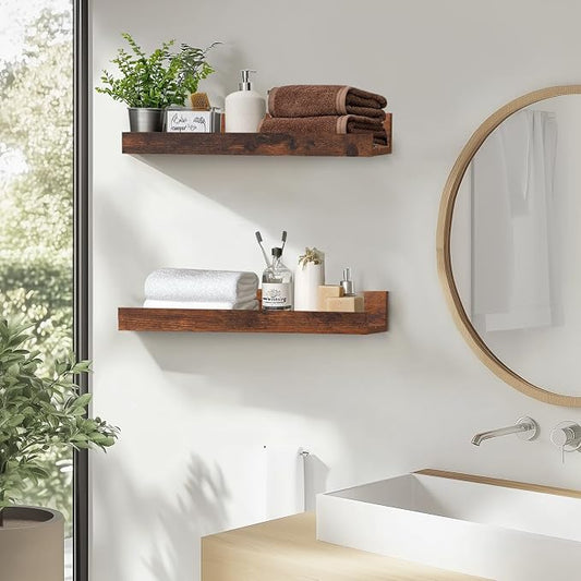 Muzilife 12" Small Floating Wall Ledge Shelves with Lip - Set of 2 Wood Floating Shelves - Walnut Brown Wall Mounted Picture Ledge for Office, Bathroom, Bedroom, Living Room, Kitchen