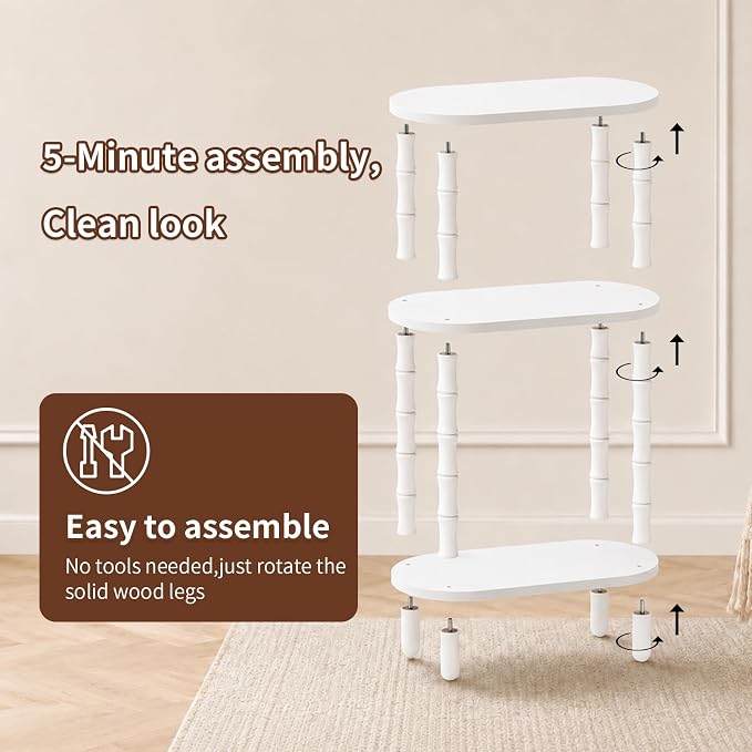 Narrow Side Table with Storage, 3-Tier End Table Skinny Nightstand for Bedroom, Living Room Small Space, White