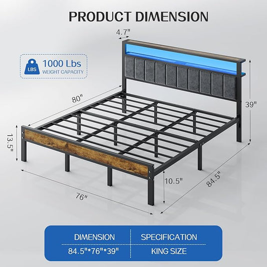 Liians King Size Platform Bed Frame with LED Lights, Grey Upholstered Headboard with 2-Tier Storage Shelves, Charging Station, Noise Free, No Box Spring Needed, Easy Assemably