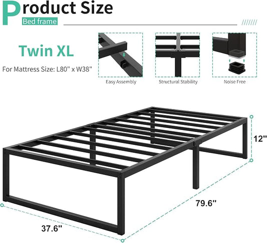 Lutown-Teen 12 Inch Twin XL Bed Frames Heavy Duty Sturdy Metal Platform Bed Frame No Box Spring Needed, Noise Free, Easy Assembly, Black