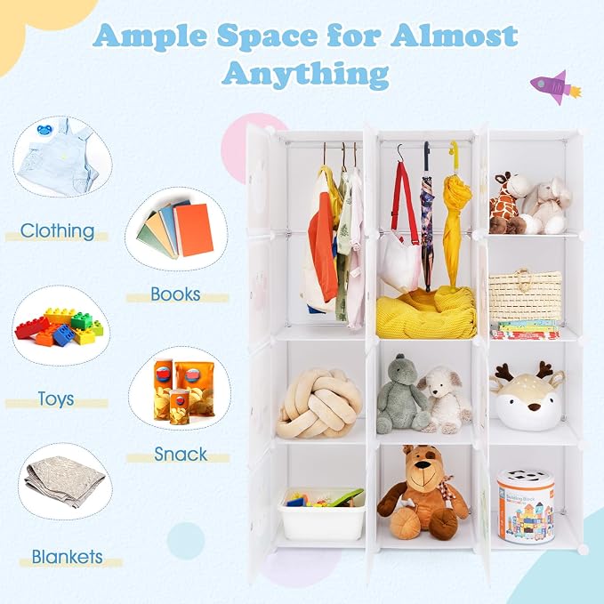 INFANS Children Wardrobe, Kid Closet Portable Baby Dresser Cute for Kids Bedroom Nursery Armoire with Doors 12 Cube 2 Hanging Sections, Kid Clothes Storage Organizer (Pink, 12 Cubes)