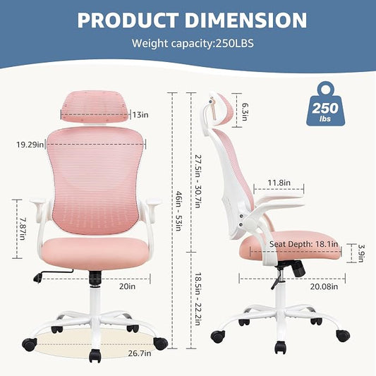 DUMOS Ergonomic Office Chair – High Back Mesh Computer Chair with Lumbar Support, Headrest, Flip-up Arms, and Swivel Wheels – Comfortable Gaming & Desk Chair for Home Bedroom Office,Pink