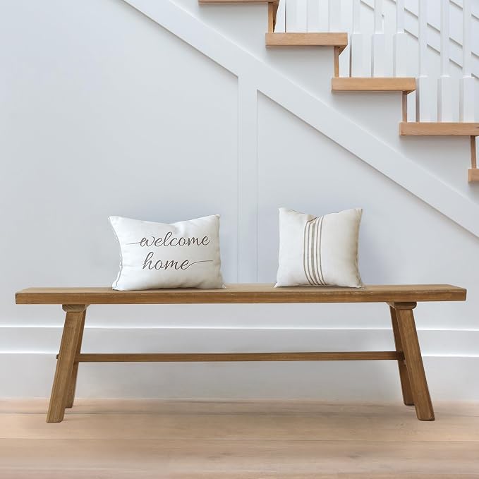 Wnutrees 55" Farmhouse Wood Bench, Rustic Solid Wood Dining Room & Entryway Bench Seat for Indoors, Easy Assembly, Natural