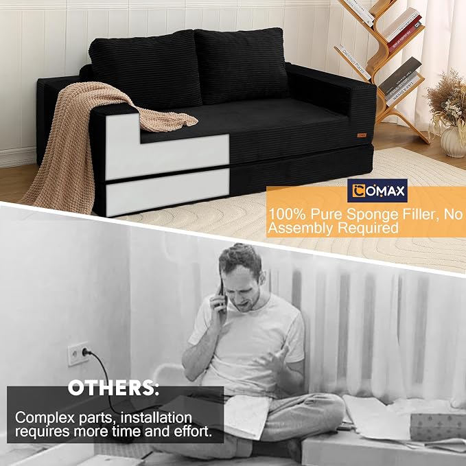 COMAX Futon Sofa Bed, Convertible Sofa Bed, Folding Boneless Couches | Boneless Couch for living room, 4‑in‑1 Fold Out Small Foldable Loveseat Floor Sleeper Mattress Lounge Space‑Saving