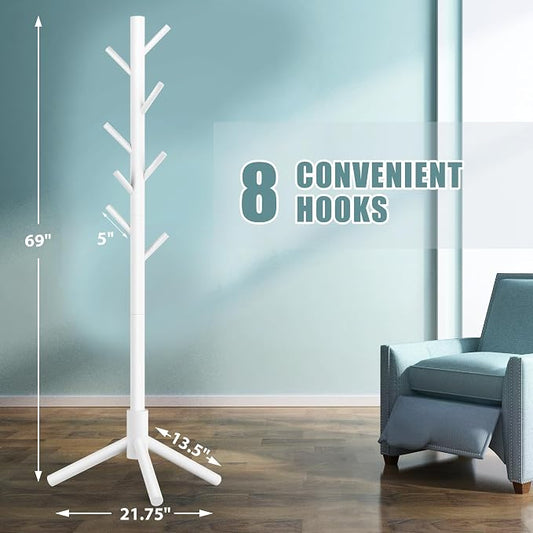 Haddockway Wooden Coat Rack Stand with 8 Hooks New Zealand Pine 3 Adjustable Coat Standing Tree Easy Assembly for Coats, Hats, Scarves and Handbags for Entryway, Hallway, Bedroom, Office,2 PCS