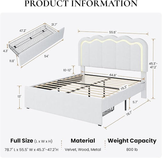 SHA CERLIN Upholstered Full Size Bed Frame with LED Lights and Large Storage Drawer, Velvet Platform Bed with Adjustable Wavy Headboard, Noise Free, Easy Assembly, No Box Spring Needed, Soft White