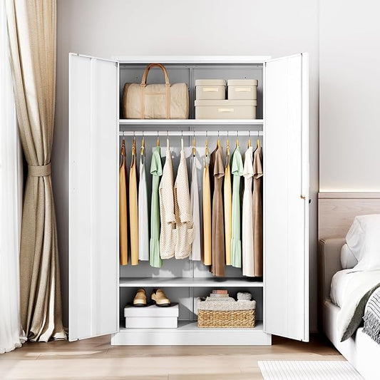 Letaya Metal Wardrobe Cabinets with Lock,Clothing Locker 72" X 36" X 18" Storage Cabinets for Home Room,Fire Department, School, Employee,Gym,Government (White)