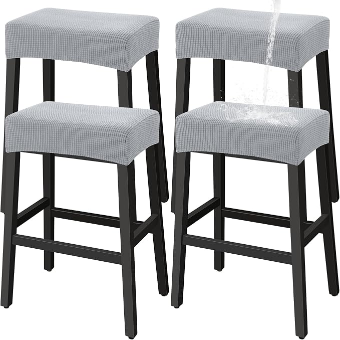 YISUN Stool Covers Rectangle - 4 Pack Stretch Waterproof Saddle Seat Cover Counter Bar Stools Bar Chairs Covers Kitchen Island Chairs Cushion Protector (4, Light Gray)