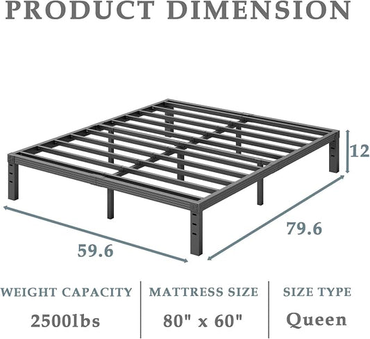 FSCHOS Queen Metal Bed Frame, 12 Inch Platform, Heavy Duty, Easy Assembly, No Box Spring Needed, Black
