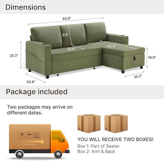 KISLOT 84 Inch Sectional Sleeper Sofa with Pull Out Bed Convertible 2 in 1 Couch with Storage Chaise & USB Charging Comfy L Shaped Modular Couches for Living Room Apartment(2 Box)