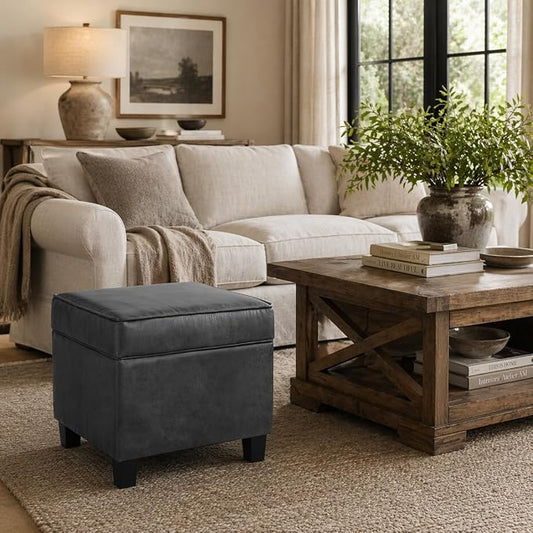 HomePop 18" Classic Square Storage Ottoman - Gray Faux Leather