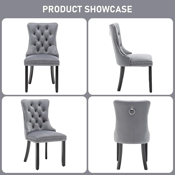 Mid Century Modern Dining Chair Set of 4 Velvet Upholstered Dining Accent Chair Farmhouse Dining Chairs with High Back and Nailhead Trim for Kitchen, Living Room, Bedroom (Gray)
