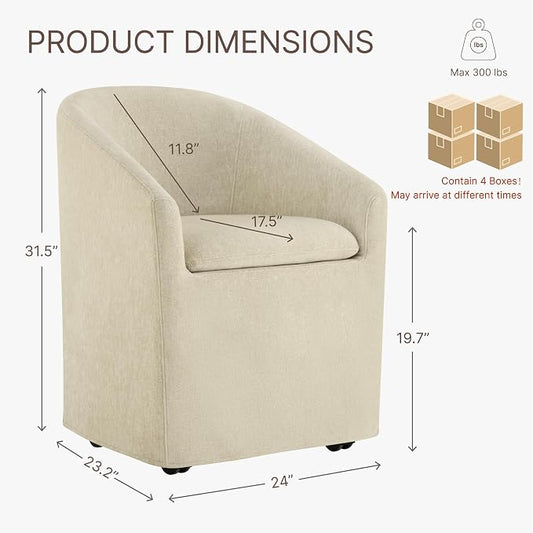 KISLOT Upholstered Dining Chairs with Casters, Washable Cover Modern Dining Room Chairs with Barrel Backrest & Dual Armrest for Kitchen, Living Room, Bedroom, Sand Fabric, 4PCS