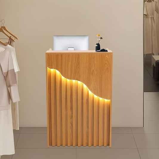 Reception Desk with Counter, Front Desk Reception Counter with LED Light & Lockable Drawer, Wooden Checkout Counter for Lobbies, Salons, Retail, Home Offices, Reception Room - Oak Color