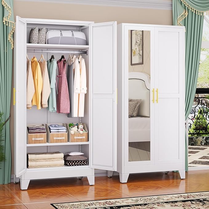 GAIOUS 71" Metal Wardrobe Cabinet with Mirror and Hanging Rod White | Clothing Storage Cabinets with 2 Doors and Adjustable Shelves, Armoire Wardrobe Closet for Bedroom, Laundry Cloak Room