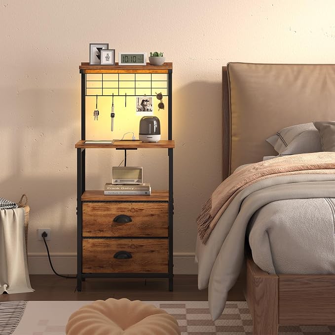 sthmec Tall Nightstands with Charging Station, LED Night Stand Bedsides with 2 Drawers Fabric, Hooks,USB Port and Open Storage Shelves,Tall End Table Bedside for Bedroom,Office, Rustic Brown