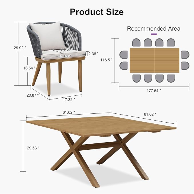 PURPLE LEAF 14 Pieces Patio Dining Set Wicker Outdoor Furniture Oversize Rectangular Table and Chairs Set for Garden Deck Teak-Finish Aluminum Frame Backyard Kitchen Set, Cushions and Pillows Included