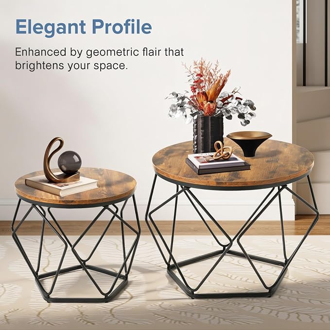 DUMOS Modern Geometric 2Pack Coffee Table, Round Nesting Side Tables with Hidden Storage, Movable End Tables for Living Room Decor & Practical Use Brown