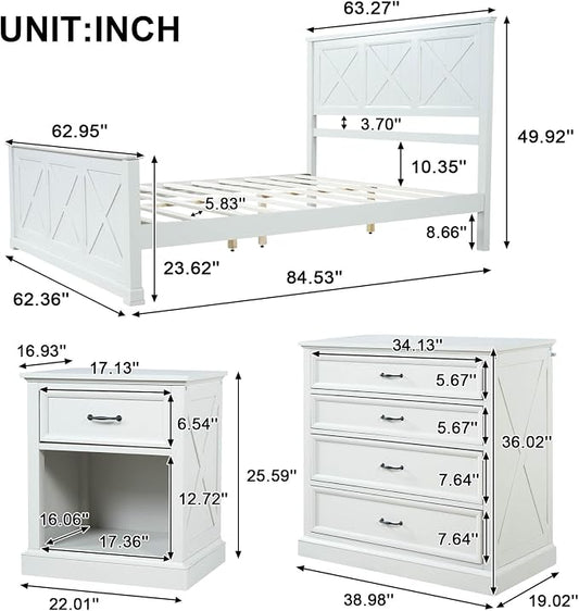 4 Piece Bedroom Set Queen Size Bed Frame with Dresser and 2 Nightstands | White Platform Bed Frames,4 Storage Drawers Cabinet,Farmhouse Bedroom Furniture Sets,Sturdy Wooden Slat Support,Guest Room