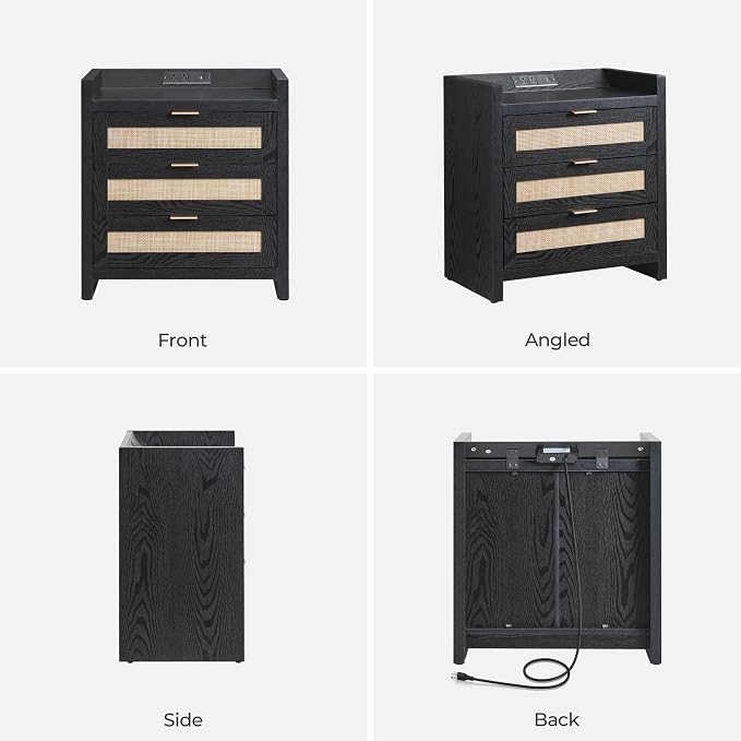 SICOTAS Nightstands Set of 2 Bedside Table - Larger Rattan Night Stand with Type-C Charging Station, 3 Drawers Storage - Boho Tall Night Stands End Table for Bedroom Office - Black Oak