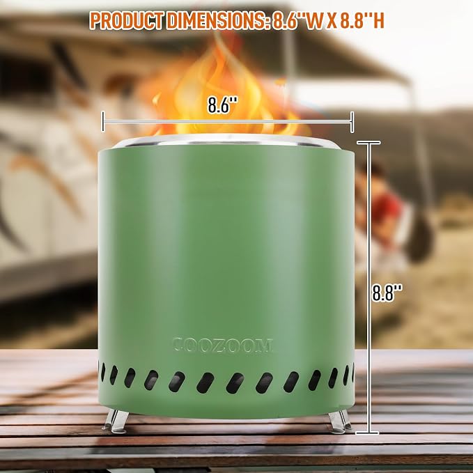 Portable Table Top Fire Pit with Stand, 8.6" Stainless Steel Mini Outdoor Low Smoke Burning Tabletop Firepit Fueled by Pellets or Wood, for Outside Camping Green