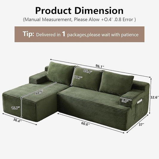 96" Cloud Sectional Couch with L-Shape Chaise, Modular Comfy Sofa Chaise Longue, Upholstered Corduroy Couches Sleeper with Deep Seat for Living Room Bedroom, No Assembly Required(Green, Left Facing)