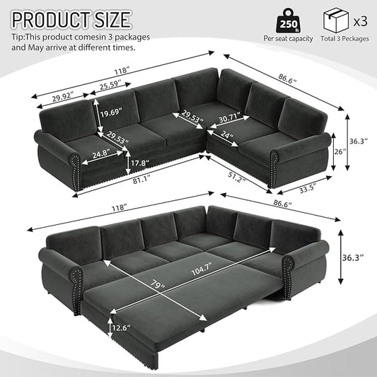 118" L-Shaped Sleeper Couch Bed - Oversize Convertible with Pull-Out Sofa Bed, Button Tufted Chesterfield Sofa, Chenille Sectional Vintage Couches for Living Room/Apartment(6-Seater, Dark Grey)