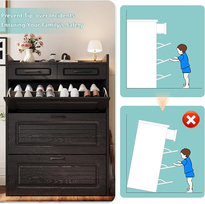 Shoe Cabinet with 3 Large Flip Drawers and 2 Storage Drawers, Narrow Shoe Organizer Cabinet Fits for Kinds of Shoes, Slim Shoe Storage Cabinet for Entryway, Hallway, Black