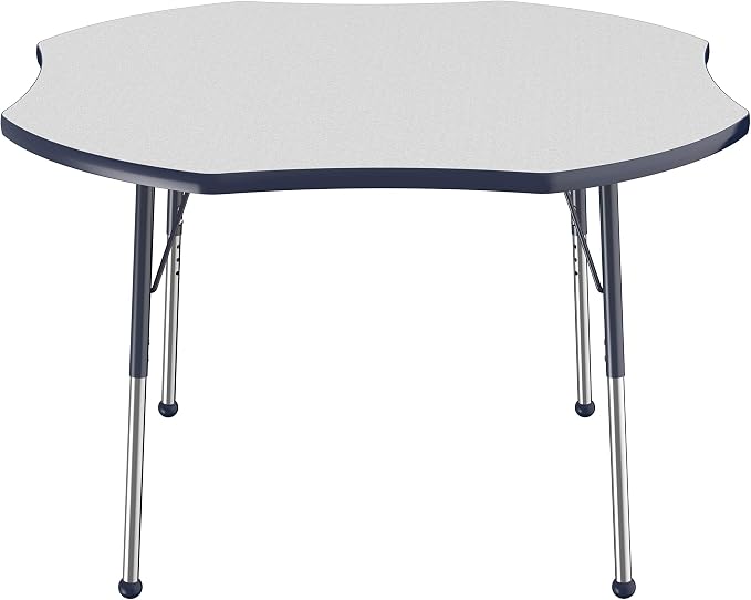 FDP Clover Activity School and Office Table (48 x 48 inch), Standard Legs with Ball Glides for Collaborative Seating Environments, Adjustable Height 19-30 inches - Gray Top and Navy Edge