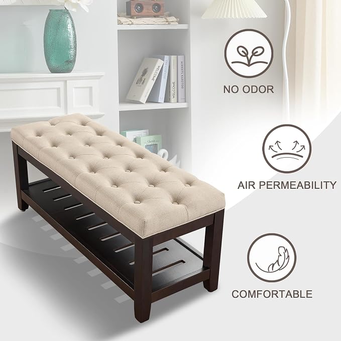 adochr Linen Large Rectangular Ottoman with Storage, Upholstered Entryway Bench for Living Room, Oversized Button Tufted Ottoman with Wood Shelf Storage, Light Brown