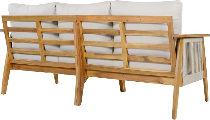 Merax Outdoor Acacia Wood & Rope 3-Seater Patio Sofa with Water-Repellent Cushions, Handmade Woven Garden Sofa for Poolside & Deck