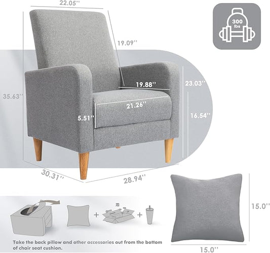 COLAMY Mid-Century Modern Upholstered Accent Chair with Back Pillow & Solid Wood Legs, Fabric Cozy Armchair for Living Room, Bedroom, Reading Nook, Apartment & Small Spaces, Lightgrey